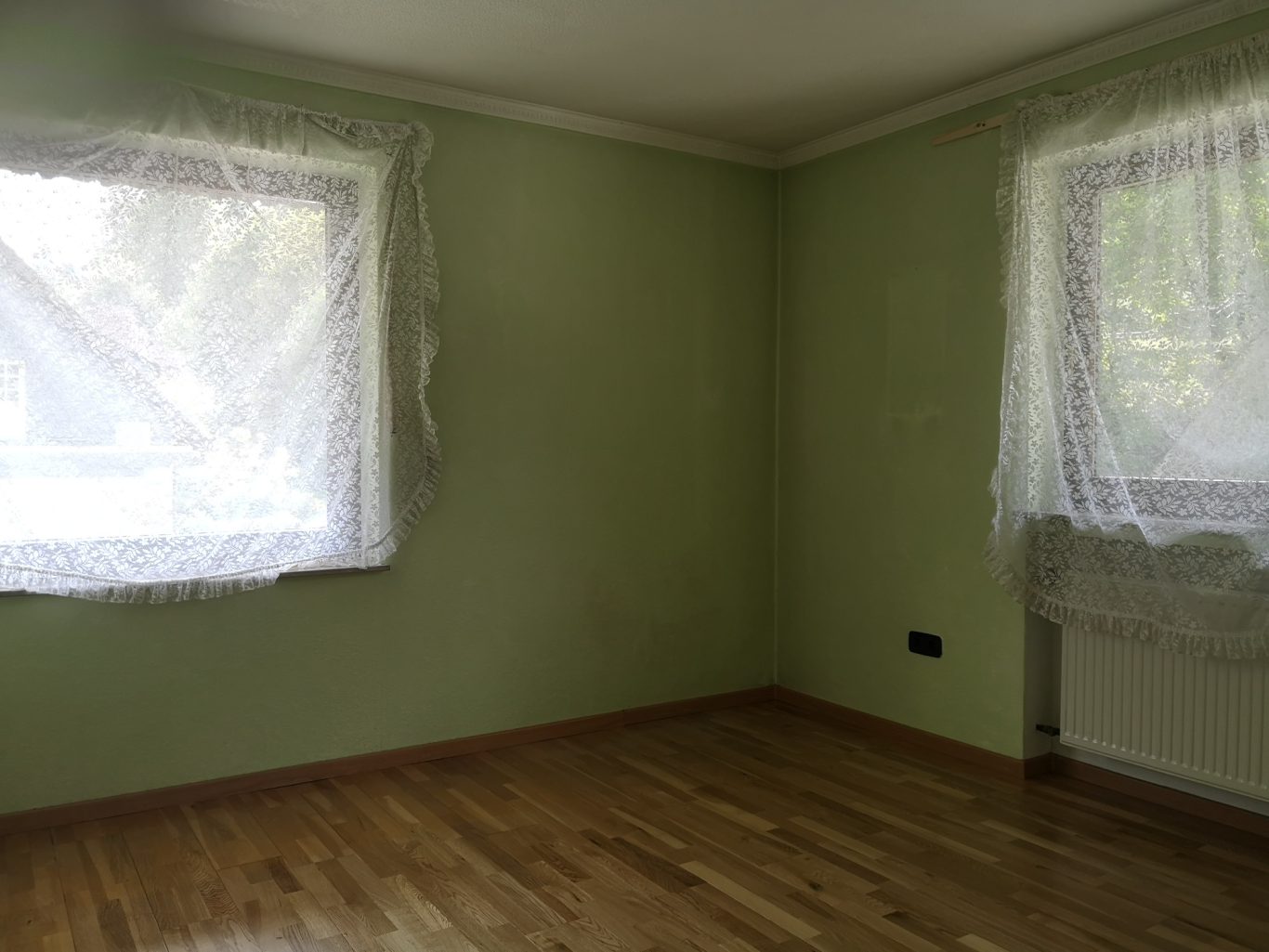 Immobilienmakler Münster Leerer Raum mit grünen Wänden, zwei Fenstern und Holzfußboden. Vorhänge aus weißem Stoff.